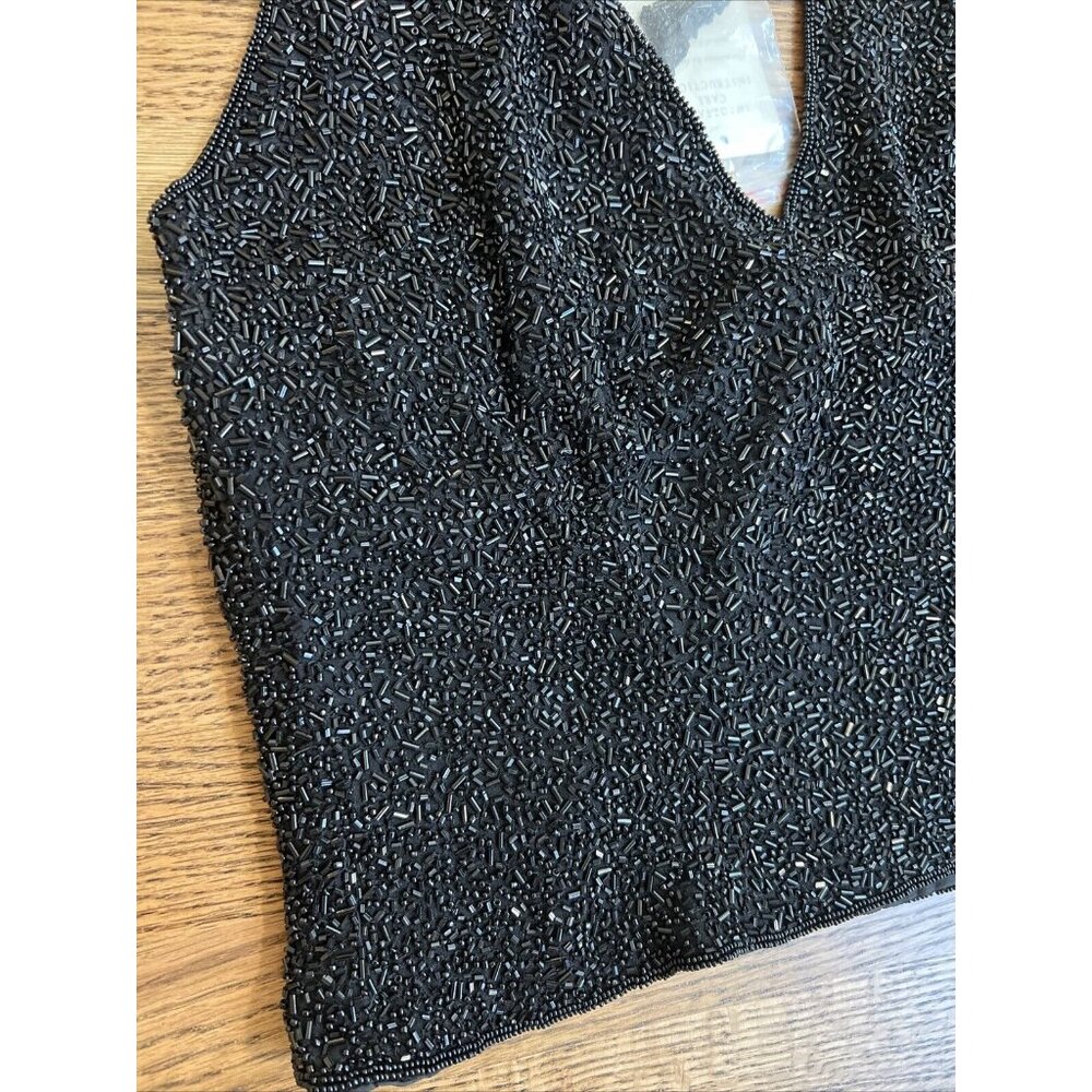 VTG Hugo Buscati Womens Black 100% Silk Beaded Halter Top Size 12 Holiday Y2K - Picture 2 of 10